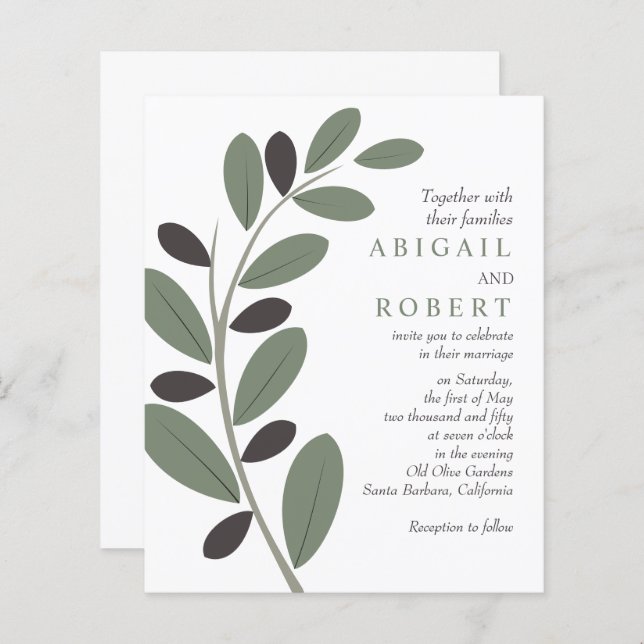 Stylised olive branch QR code wedding invitation (Front/Back)