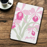 Stylised orchid cattleya pink art name ipad cover<br><div class="desc">Beautiful floral radiant orchid graphic flowers in shades of pink,  white and green. Customise with your own name currently reads Audrey. Original print art by Sarah Trett.</div>
