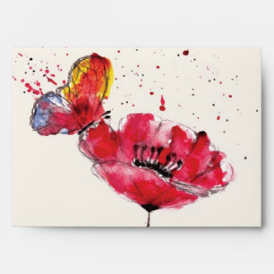 Stylised painted watercolor poppy flower envelope