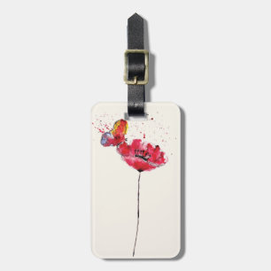 Stylised painted watercolor poppy flower luggage tag