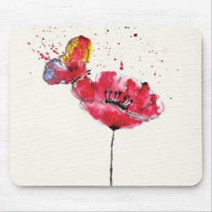 Stylised painted watercolor poppy flower mouse mat