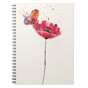 Stylised painted watercolor poppy flower notebook