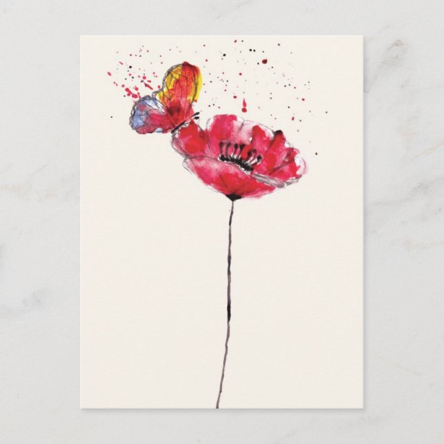 Stylised painted watercolor poppy flower postcard (Front)