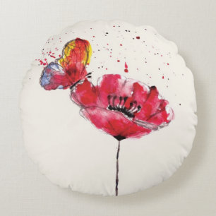 Stylised painted watercolor poppy flower round cushion