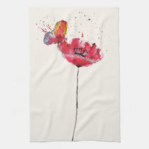 Stylised painted watercolor poppy flower tea towel