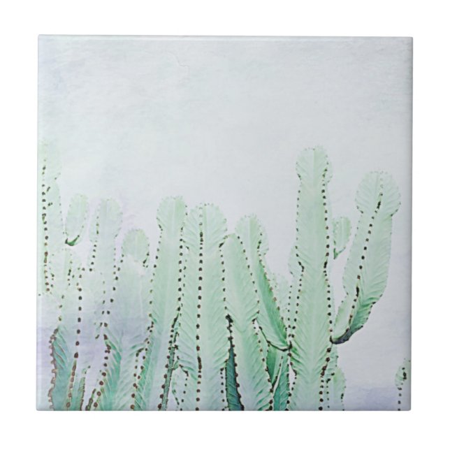 Stylised Pale Green Cactus Plants Pattern Tile (Front)