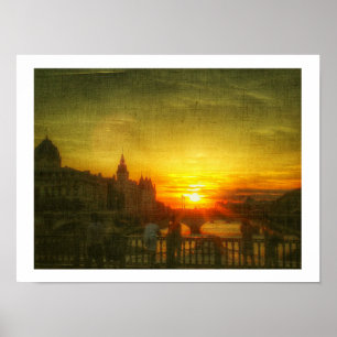 Stylised Paris Sunset Seine Bridge France Poster