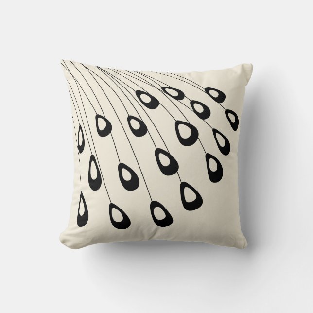 Stylised Peacock Feather Modern Black and White Cushion (Front)