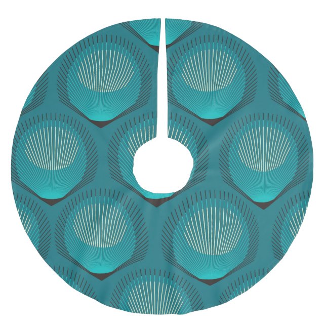 Stylised Peacock Feathers Blue Tile Brushed Polyester Tree Skirt (Front)