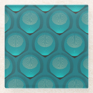 Stylised Peacock Feathers Blue Tile Glass Coaster