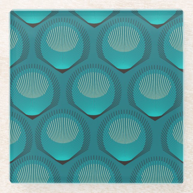 Stylised Peacock Feathers Blue Tile Glass Coaster (Front)