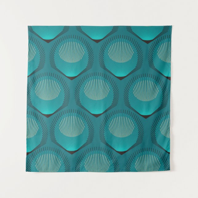 Stylised Peacock Feathers Blue Tile Tapestry (Front)
