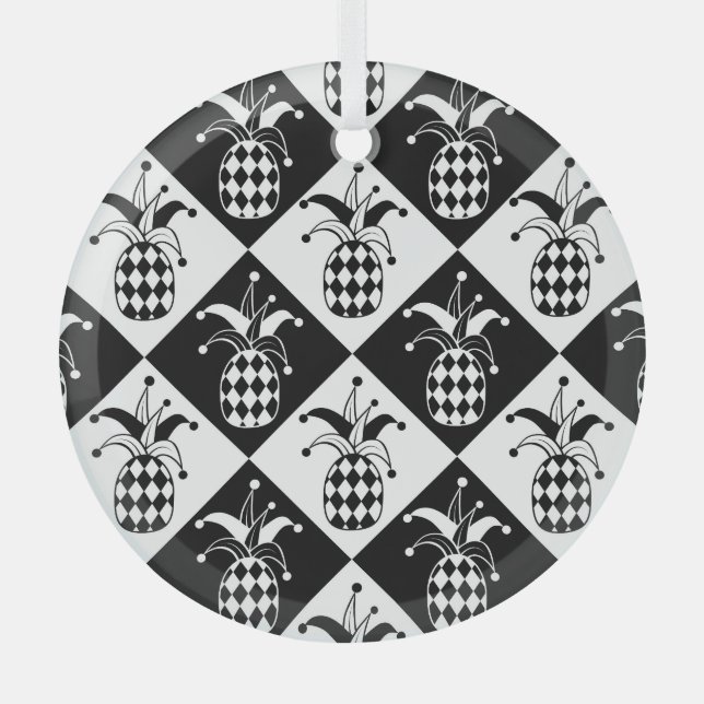 Stylised Pineapple Harlequin Doodle Pattern Glass Tree Decoration (Front)