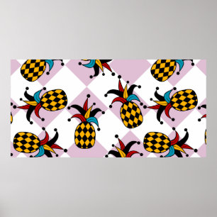 Stylised pineapple. Hat and rhombus Harlequin. Sea Poster