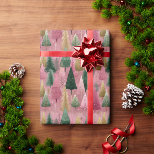 Stylised Pink Christmas Tree with Stars Wrapping Paper