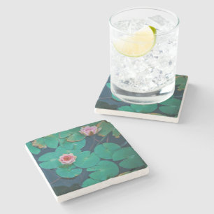 Stylised Pink Water Lily Flowers Plants Stone Coaster