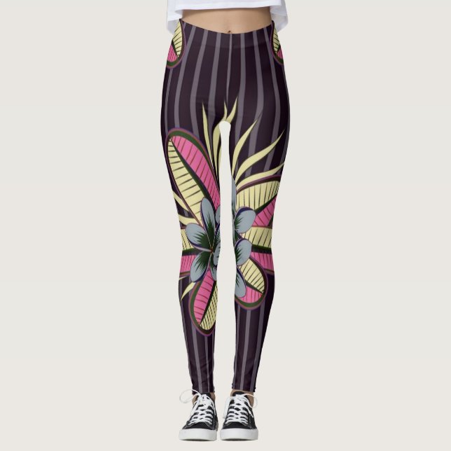 Stylised Plumeria Flowers Leaves Violet Grey Leggings (Front)