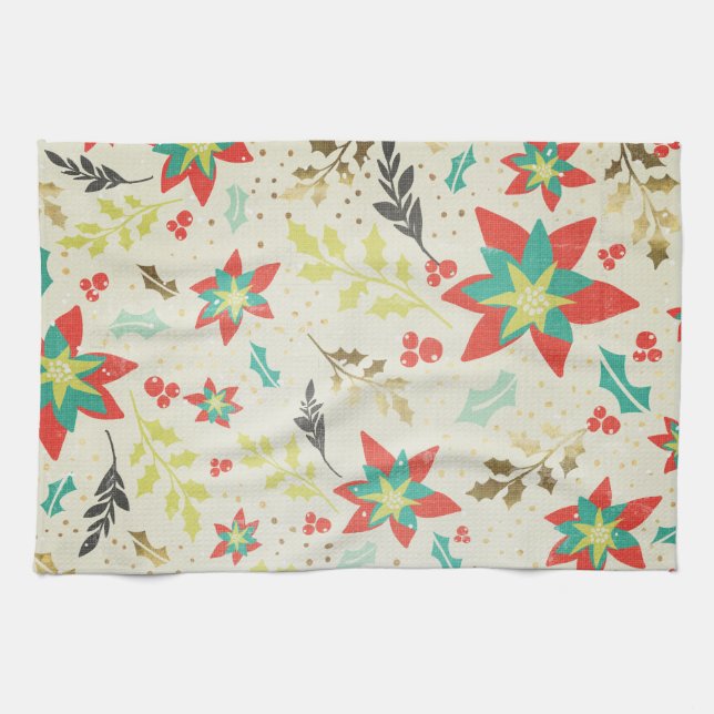 Stylised Poinsettia flowers with Leaves & Berries Tea Towel (Horizontal)