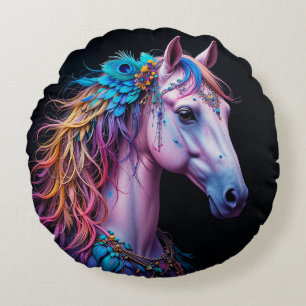Stylised Portrait of a Horse With Flowing Mane Round Cushion