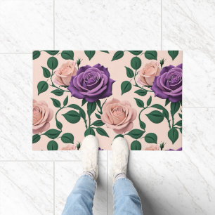 Stylised Purple Roses With Green Accents Doormat