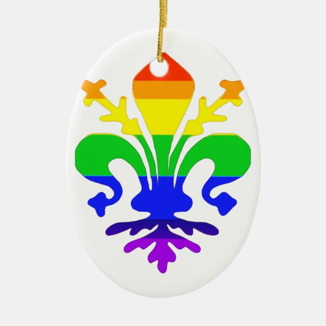 Stylised Rainbow Fleur de Lis Ceramic Tree Decoration (Front)