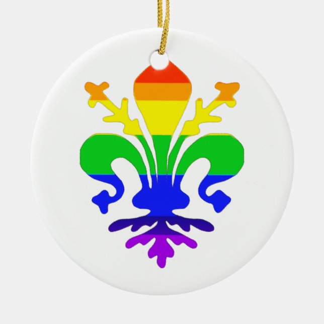 Stylised Rainbow Fleur de Lis Ceramic Tree Decoration (Front)