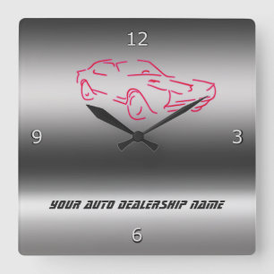 Stylised Red Classic Car on metallic-look Square Wall Clock