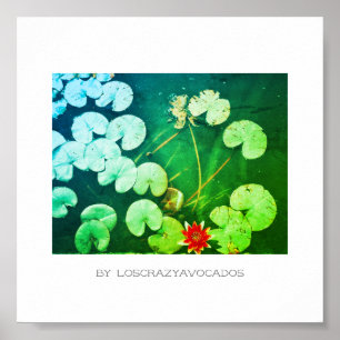 Stylised Red Green Water Lily Flower Plants Poster