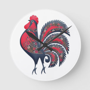Stylised Red Rooster - farm animals. Wood Wall Ar Round Clock