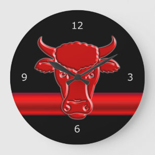 Stylised Red Taurus Head, red metallic-look stripe Large Clock