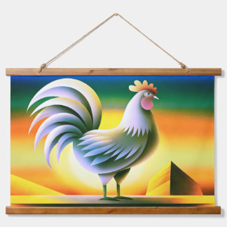Stylised Rooster Against Vibrant Sunset Hanging Tapestry