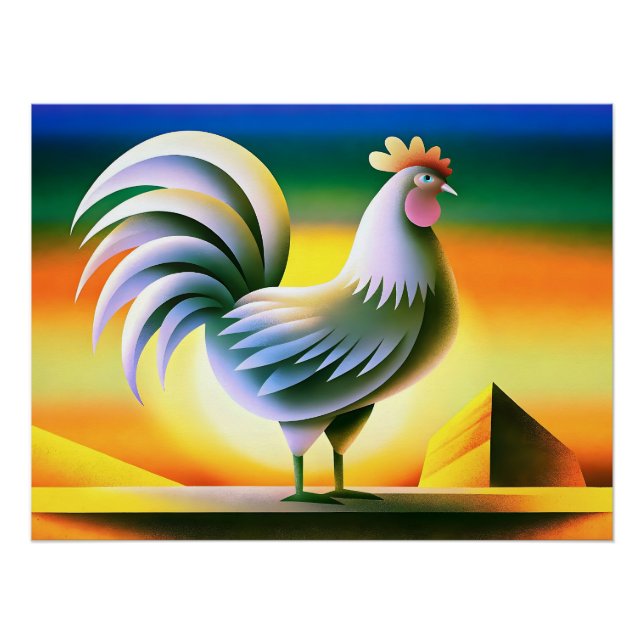 Stylised Rooster Against Vibrant Sunset Poster (Front)