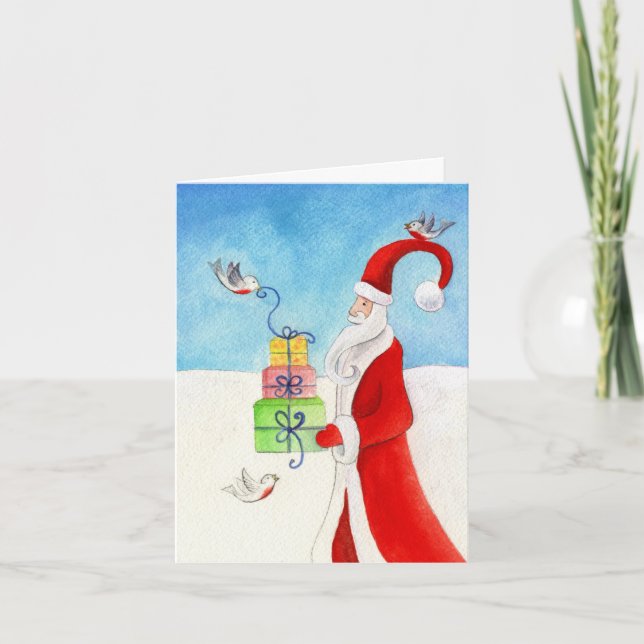Stylised Santa & gifts Christmas art seasonal card (Front)