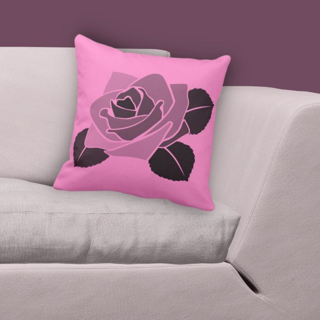 Stylised Single Rose Blossom On Pink Cushion (Stylized Single Rose Blossom On Pink Throw Pillow)