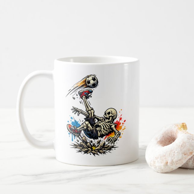 Stylised Skeleton Bicycle Kick Soccer Mug | Funny  (With Donut)