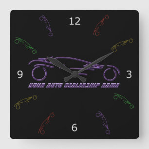 Stylised Sportscar - glowing purple neon auto shop Square Wall Clock