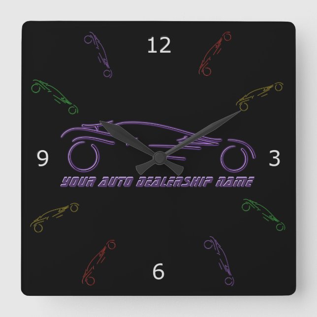 Stylised Sportscar - glowing purple neon auto shop Square Wall Clock (Front)