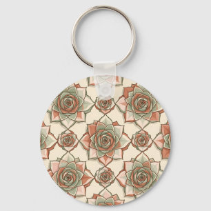 Stylised Succulent Rose Pattern Pink Sage Key Ring