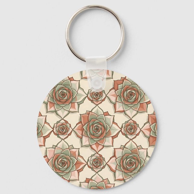 Stylised Succulent Rose Pattern Pink Sage Key Ring (Front)