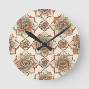Stylised Succulent Rose Pattern Pink Sage Round Clock