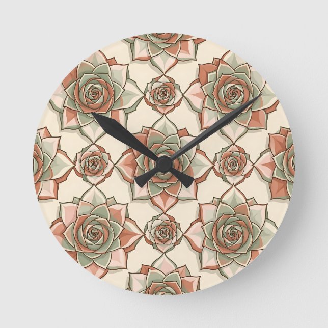 Stylised Succulent Rose Pattern Pink Sage Round Clock (Front)