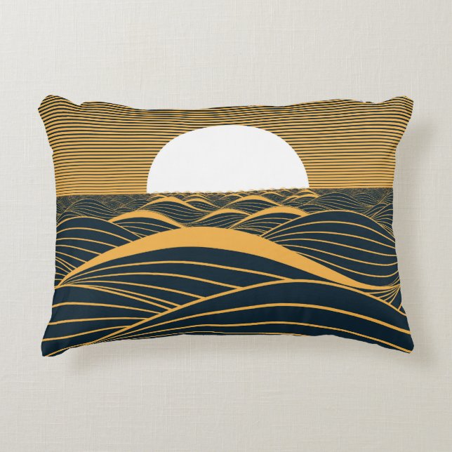 Stylised sun-moon, dark sea illustration. decorative cushion (Front)