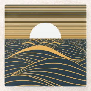 Stylised sun-moon, dark sea illustration. glass coaster