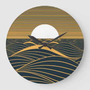 Stylised sun-moon, dark sea illustration. large clock