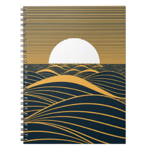Stylised sun-moon, dark sea illustration. notebook