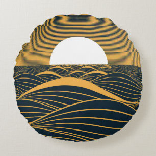 Stylised sun-moon, dark sea illustration. round cushion