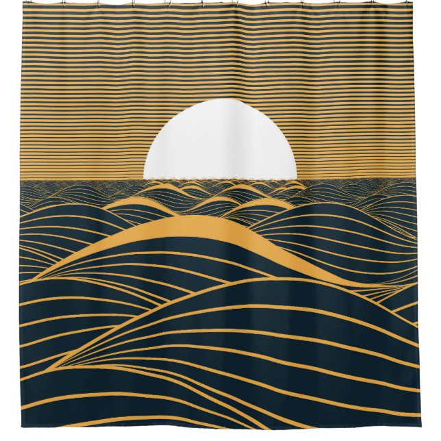 Stylised sun-moon, dark sea illustration. shower curtain (Front)