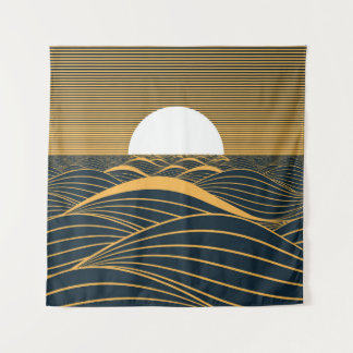 Stylised sun-moon, dark sea illustration. tapestry