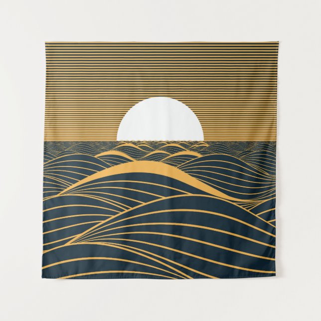Stylised sun-moon, dark sea illustration. tapestry (Front)