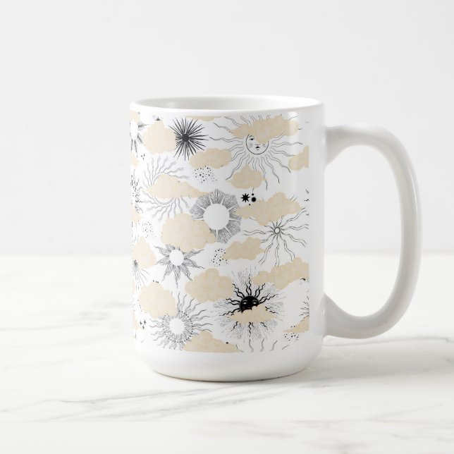 Stylised suns eclipse textured tan clouds coffee mug (Right)